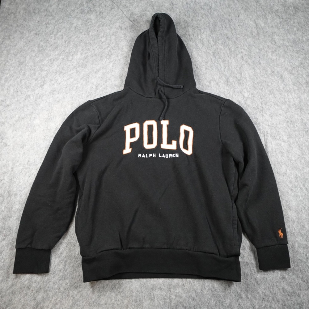 Polo Ralph Lauren Hoodie Mens Large Black‎ Spell Out Fleece Pullover Sweatshirt